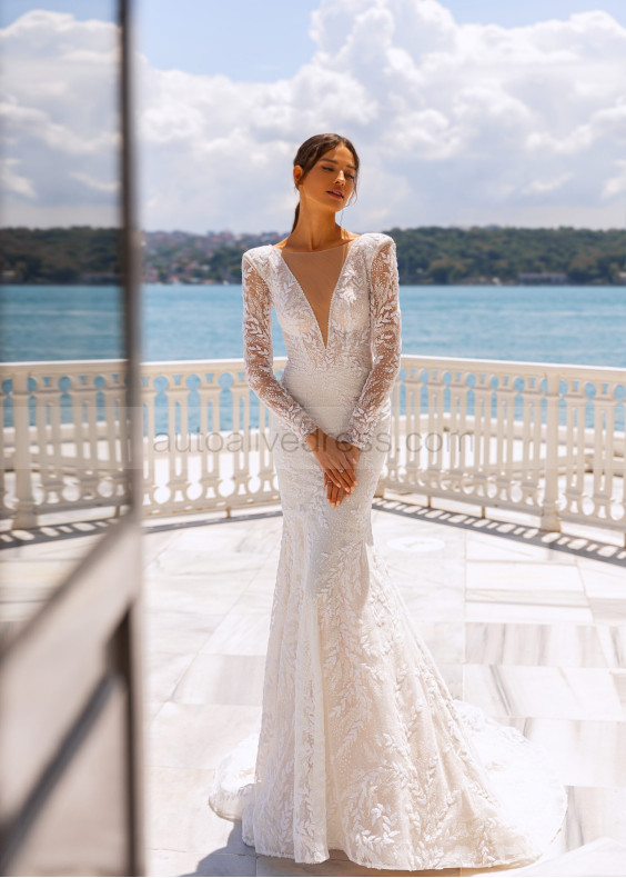 Long Sleeves Beaded Ivory Lace Tulle V Back Sexy Wedding Dress